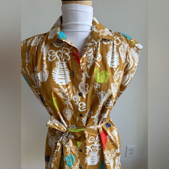 ANTHROPOLOGIE MAEVE TONIGHT TUNIC DRESS MUSTARD COTTON FLORAL BELTED XS - Picture 7 of 10